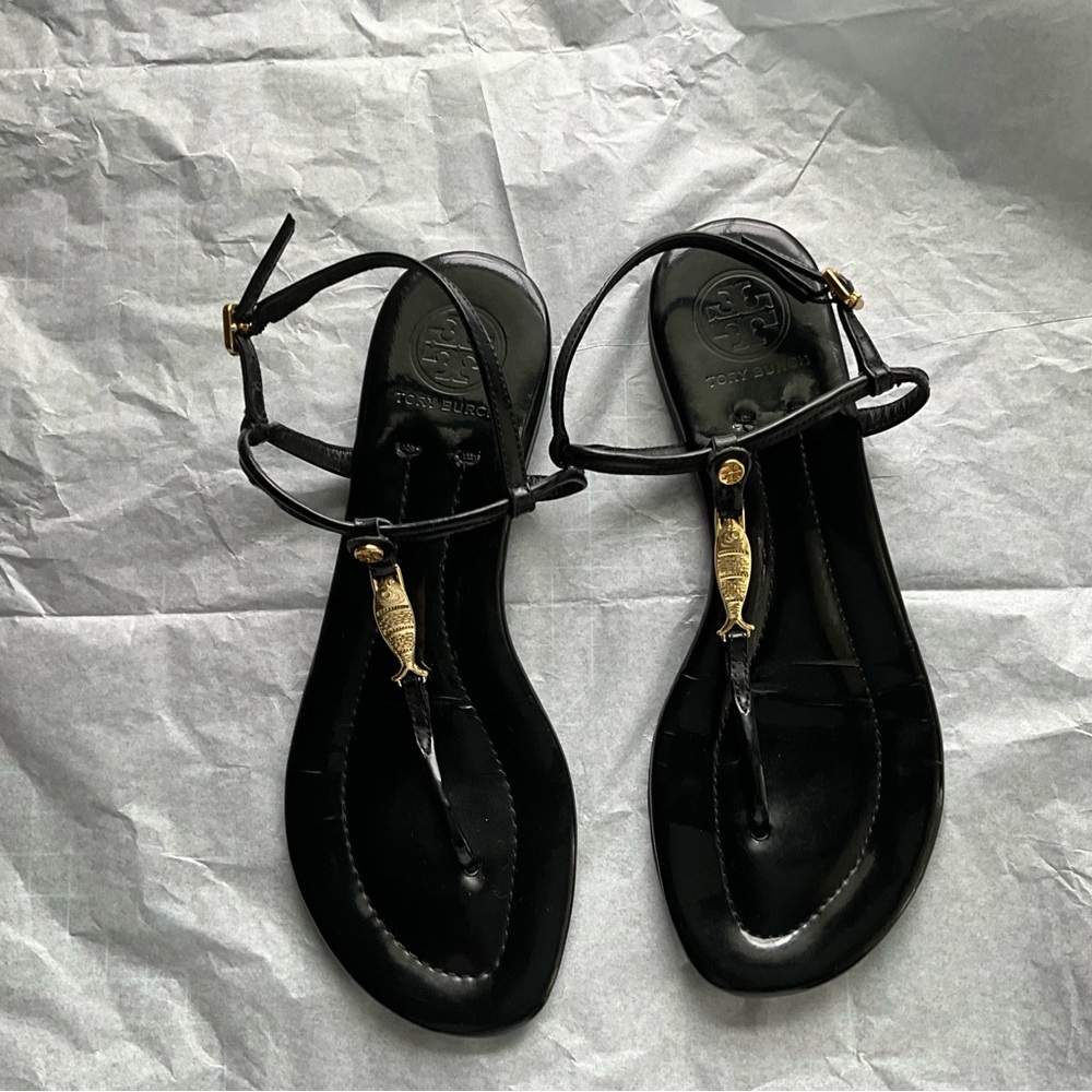 Tory Burch Black Sandals with Gold Fish Charm